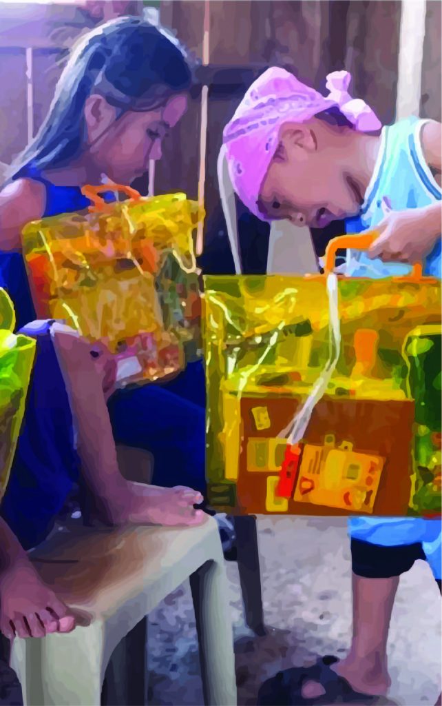 Excited kids with transparent bags full of school supplies.
